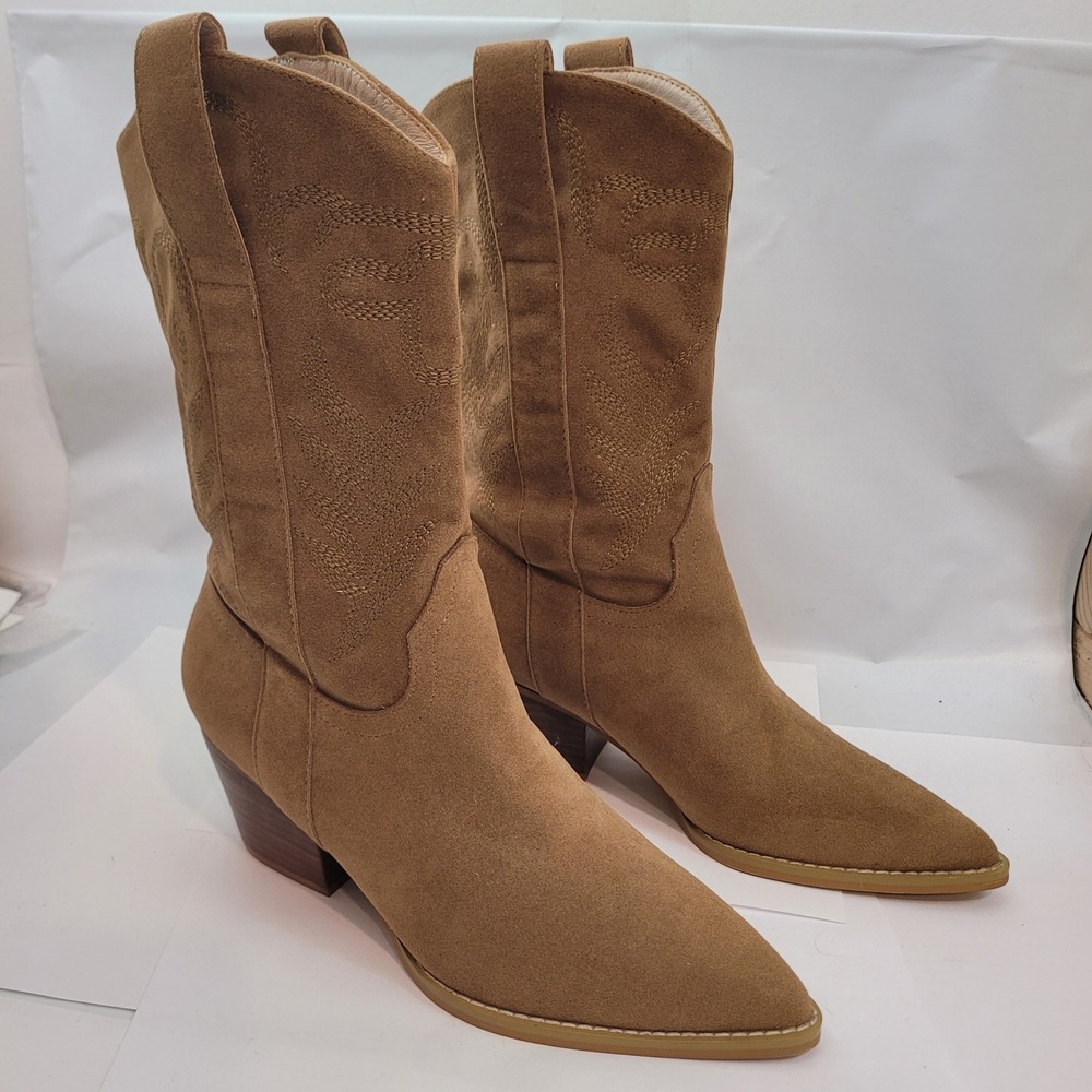 Oasis Society Western Cowboy Boots Womens 8 Tan Pointed Toe Embroidered Cowgirl